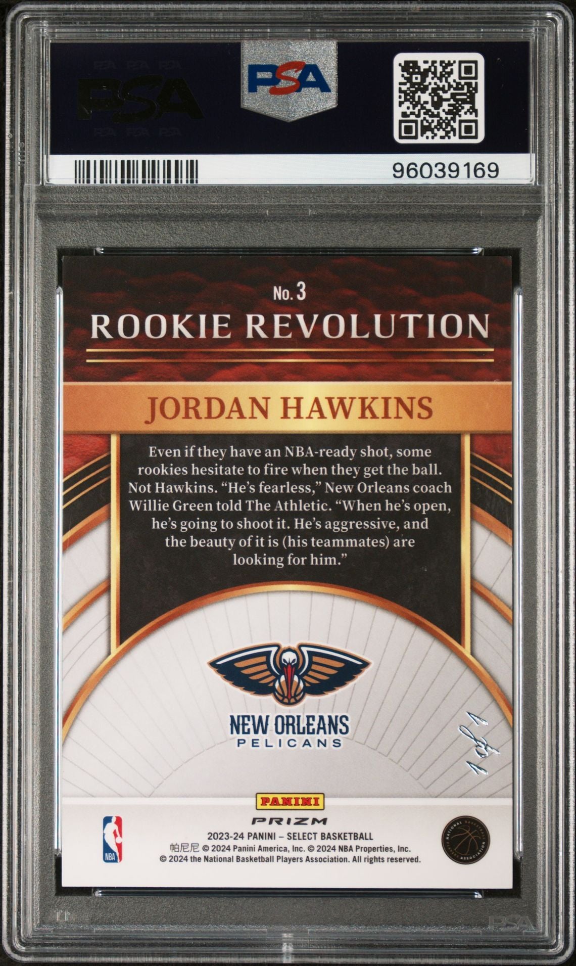 2023/24 Select Jordan Hawkins Rookie Revolution Black Finite 1/1 PSA 7