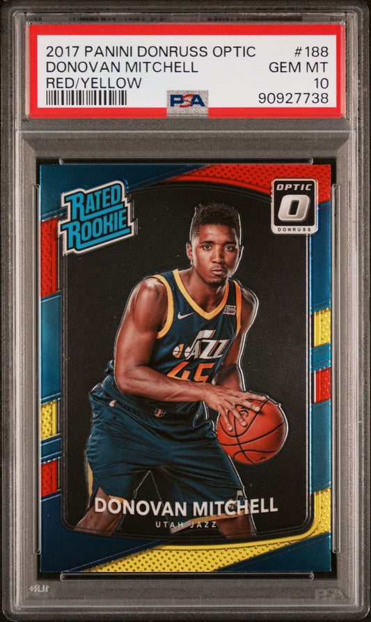 2017/18 Optic Donovan Mitchell Rated Rookie Red/Yellow PSA 10