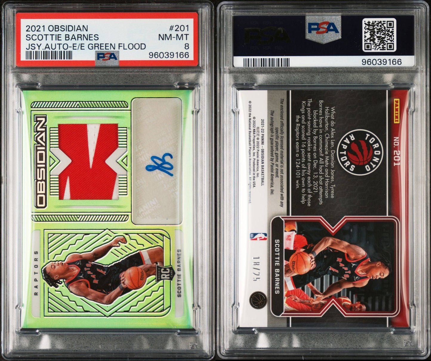 2021/22 Obsidian Scottie Barnes RPA Green Flood 18/25 PSA 8