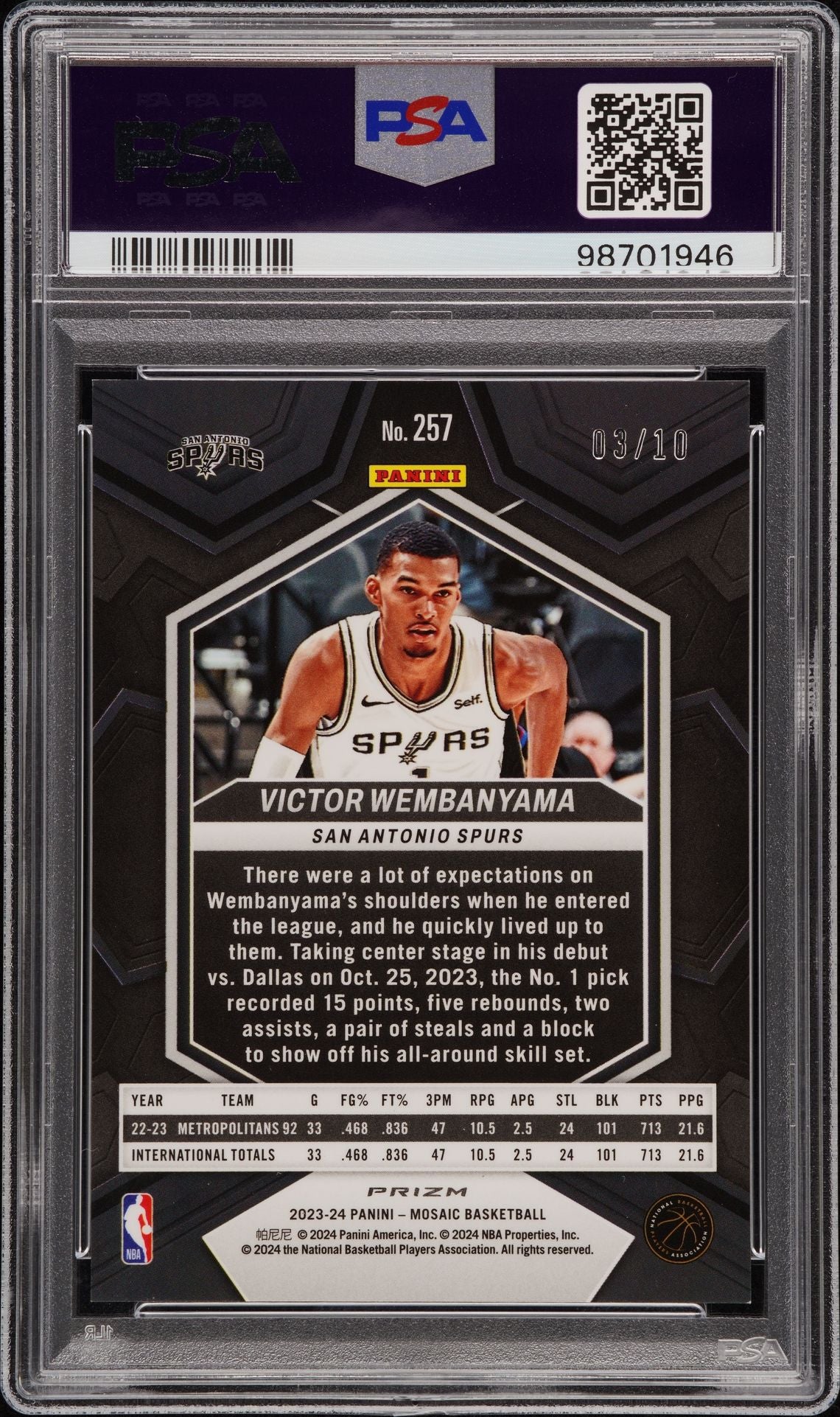 2023 Victor Wembanyama Mosaic Green Flouresent 3/10 PSA 9