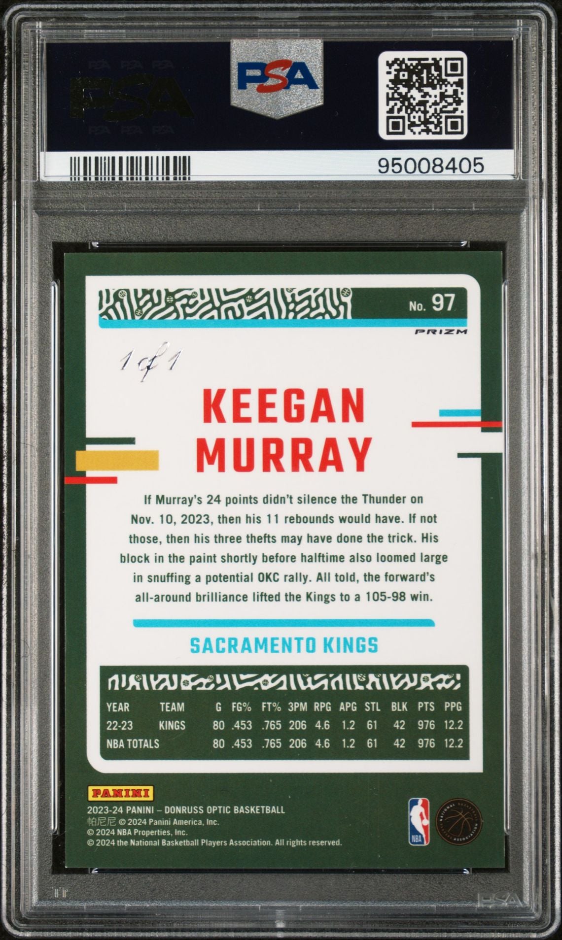 2023/24 Donruss Optic Keegan Murray Gold Vinyl 1 of 1 PSA 8