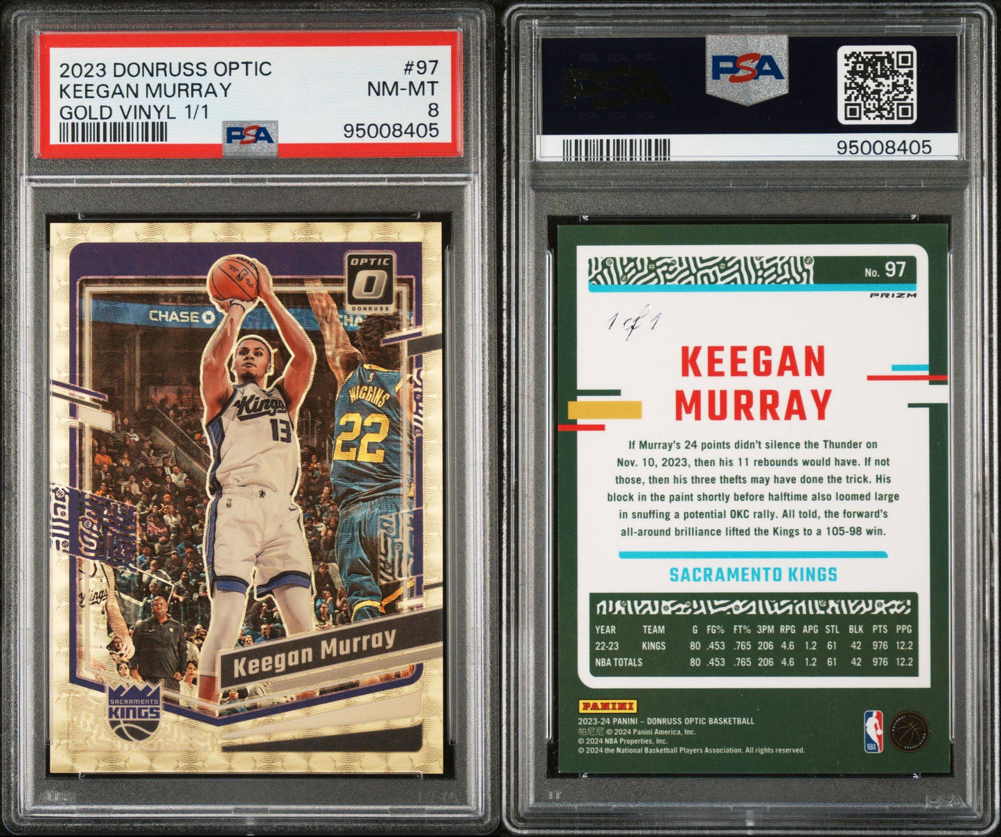 2023/24 Donruss Optic Keegan Murray Gold Vinyl 1 of 1 PSA 8