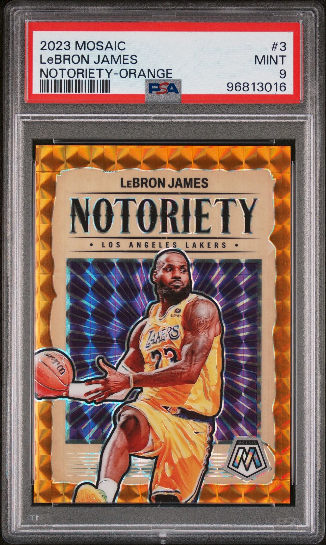 2023 Mosaic Notoriety Orange Lebron James PSA 9