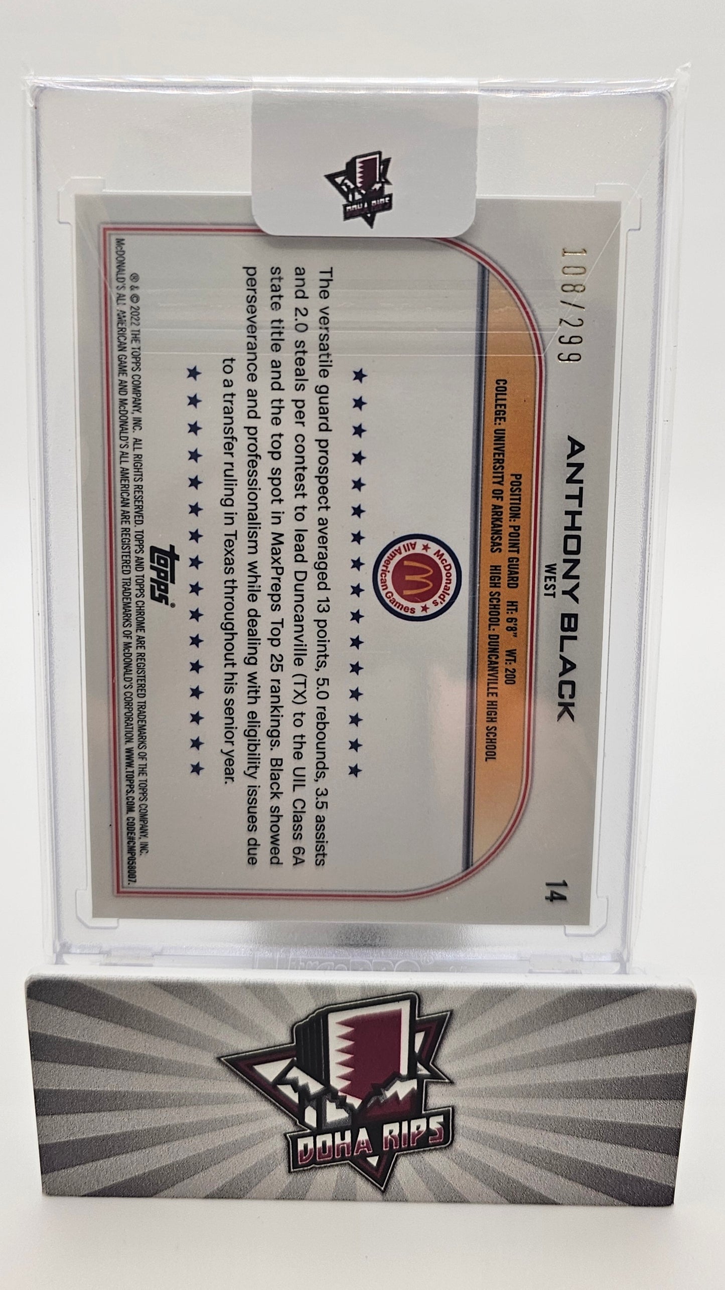 2022 Topps Chrome Anthony Black McDonald's All American Purple 108/299